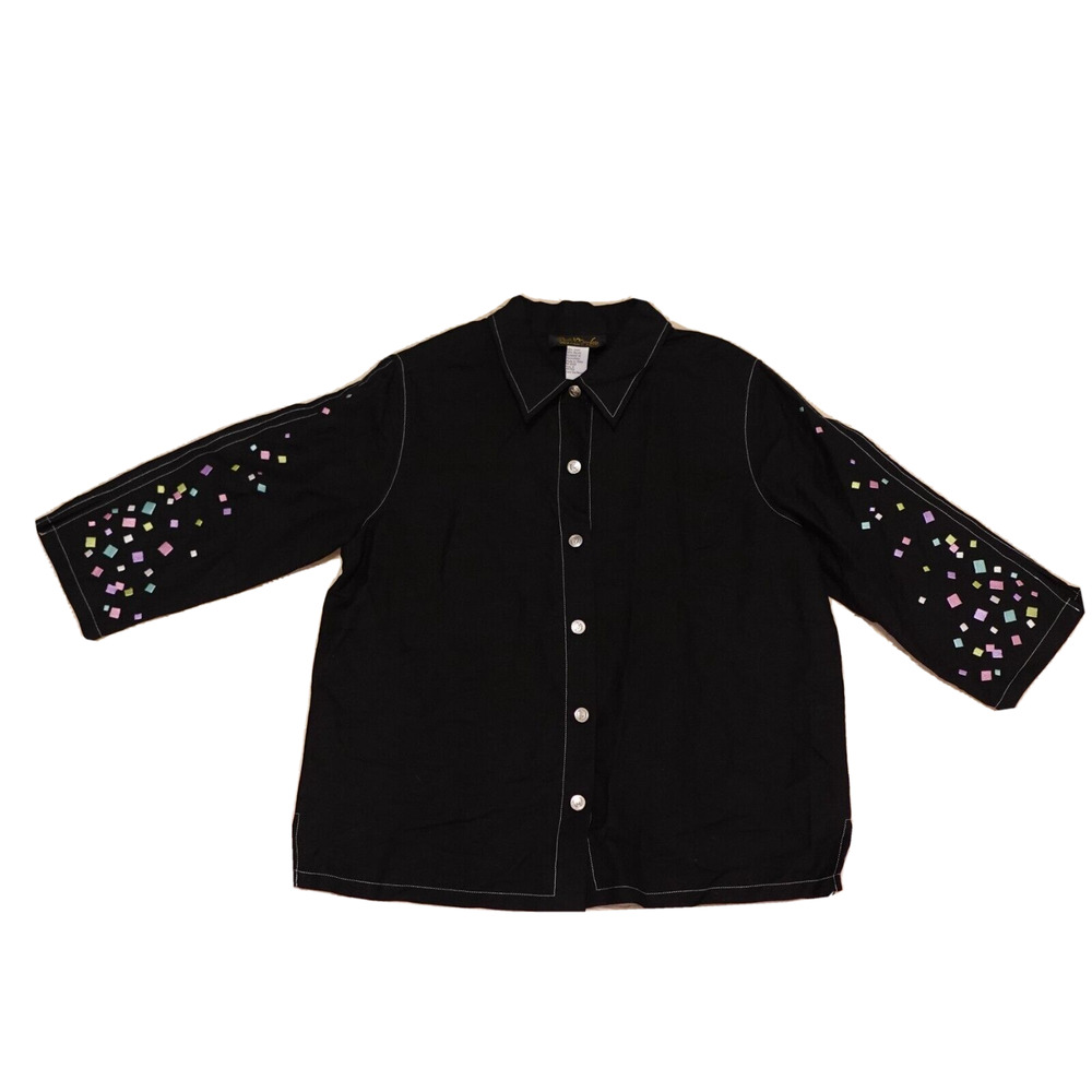 Bob‎ Mackie Women's M Jacket Wearable Art Black Multicolor Squares Linen Blend